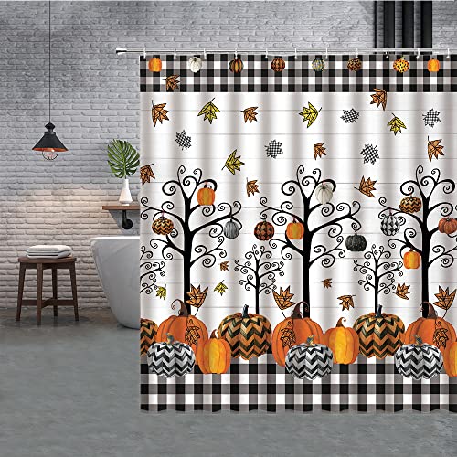 Rustic Autumn Pumpkin Shower Curtain, Fall Floral Buffalo Check, 72x72 Inch