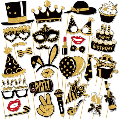 Gold 30Pcs Birthday Photo Booth Props Kit for Party Decorations