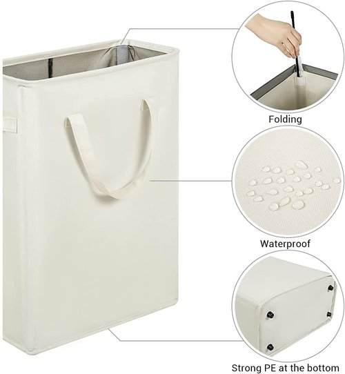 ZERO JET LAG Slim Laundry Hamper With Handles Collapsible Laundry Basket Thin Dirty Clothes Basket Narrow Laundry Bag Foldable Dirty Clothes Hamper 45L (23 inches,Beige)