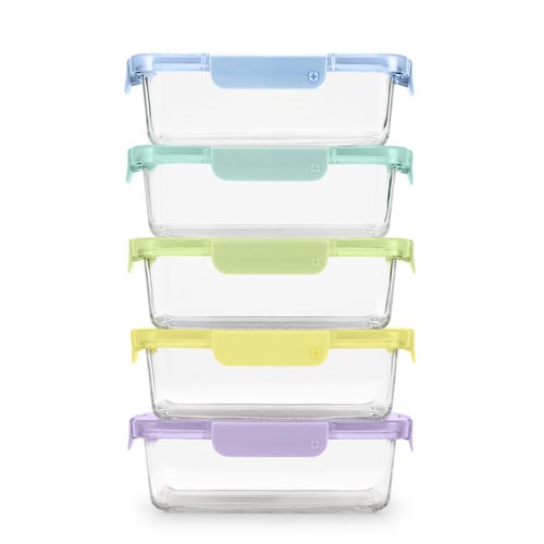 Ello Color Lock 5 Cup 10PC, 5 Pack Glass Meal Prep Sets Leak-Proof Glass Food Storage Containers with Airtight BPA-Free Plastic Lids, Dishwasher, Microwave, and Freezer Safe, Purple Rain