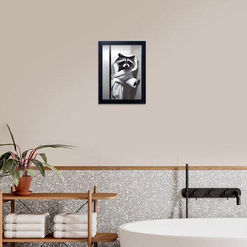 Farmhouse Bathroom Decor | Raccoon Wall Art - Cute Black and White Canvas Print with Bathrobe Design
