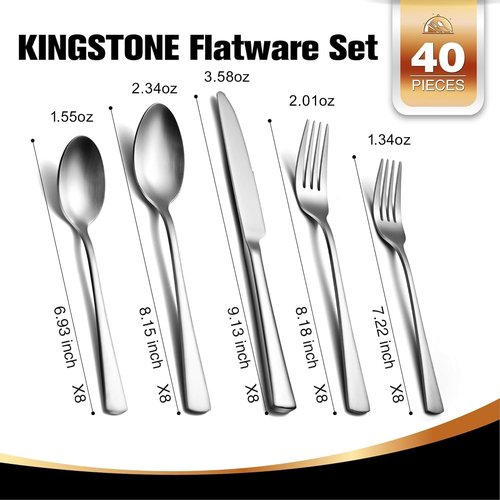 KINGSTONE 40-Piece Silverware Set for 8 | Forged 18/10 Stainless Steel Flatware - Dishwasher Safe, Mirror Finish