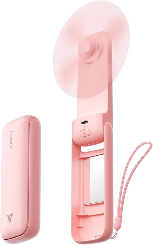 Aecooly Slim Portable Fan - USB Rechargeable Handheld Mini Fan with Mirror | 24H Max Cooling - Pink