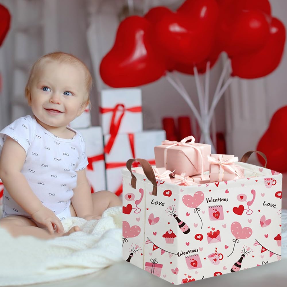 FXOCSHE Rectangular Pink Valentine's Day Gift Basket,nursery basket,Pink girls gift baskets,kids toy storage Bin, Love Heart Room Decor for Home,Shelf Baskets(Balloon Love)