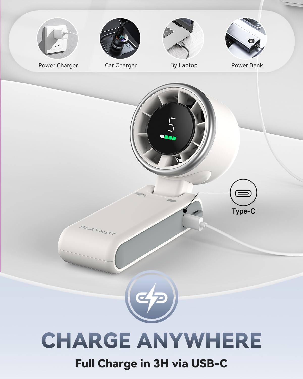 PlayHot Portable Handheld Turbo Fan - 5-Speed Wind, Battery Operated, 12-Hour Runtime | 3-in-1 Cooling Fan (White)