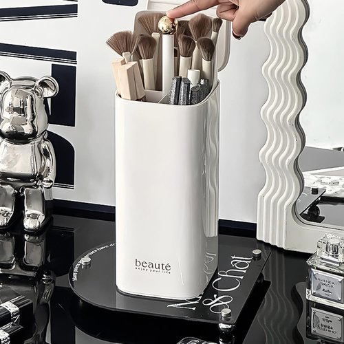 Esdallina Automatic Lifting Makeup Brush Holder with Lid Dustproof Cosmetic Organizers for Vanity-White