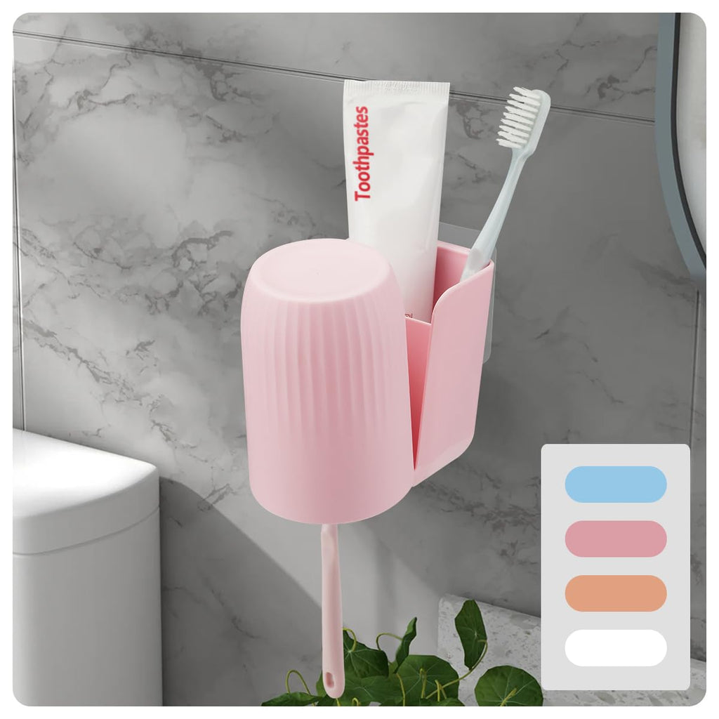 oppfacx Toothbrush Holders for Bathrooms Toothbrush Holders Wall Mounted BPA-Free Tooth Brush Holder with Toothbrush Cup Drilling-Free (Pink)