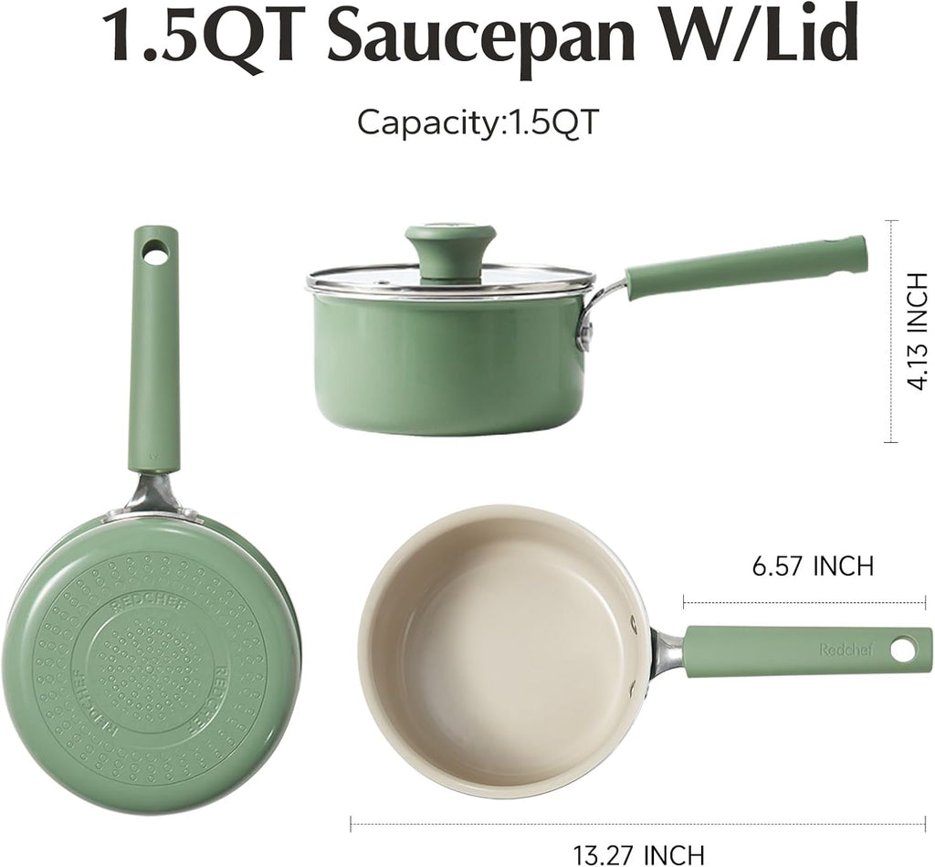 Redchef Ceramic Nonstick Saucepan - 1.5QT Small Cooking Pot with Lid, PFAS-Free, Green Color