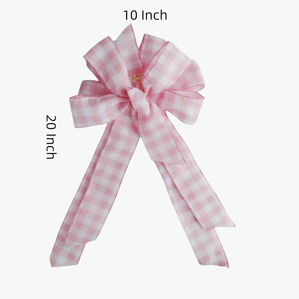 Meseey Large Burlap Bow | Pink and White Plaid Design | 20 x 10 Inch Spring Wreaths & Decorations