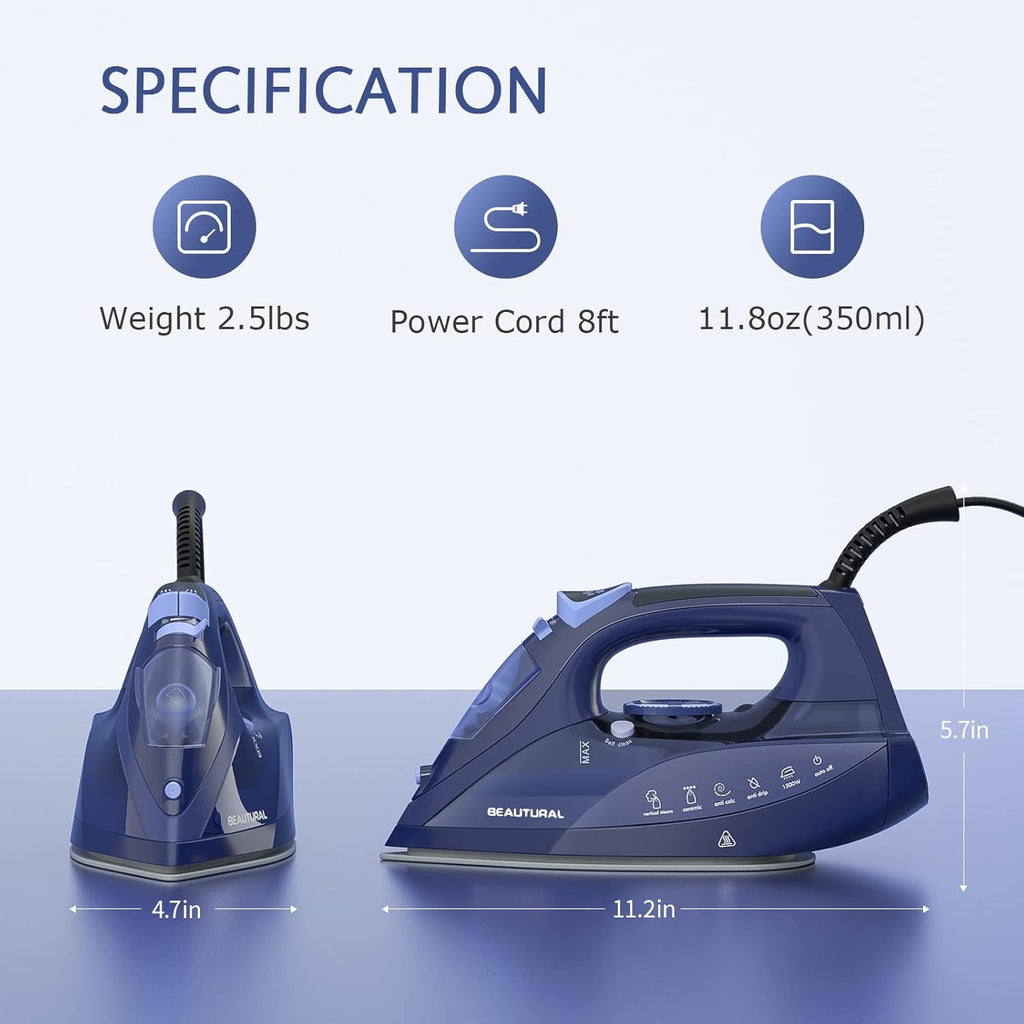 Beautural Steam Iron - Precision Thermostat Dial, Ceramic Soleplate, 3-Way Auto-Off, Self-Cleaning | Blue
