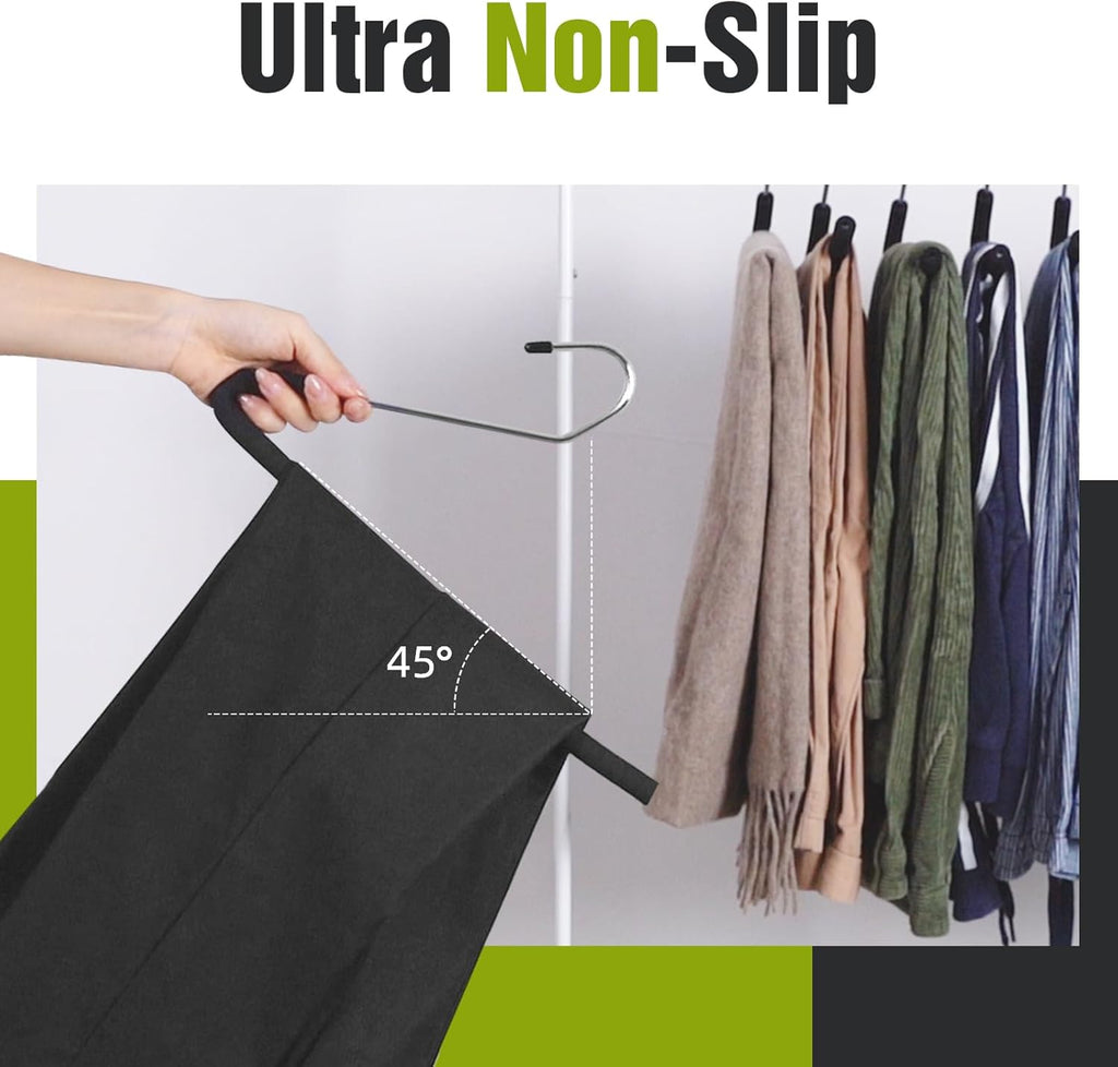 Spring Fever Non-Slip Sponge Padded Pants Hangers - Heavy Duty Chrome Plated, Space-Saving, Black (10-Pack)