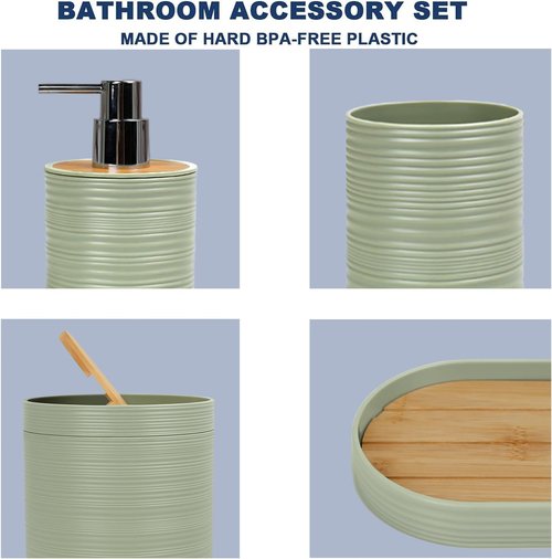CERBIOR 6-Piece Bamboo Bathroom Accessories Set - Soap Dispenser, Toothbrush Holder & More | Sriral Green