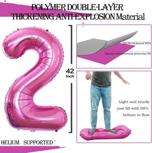 GOER Pink Foil Number 2 Balloons - Huge 42-Inch & 32-Inch Birthday Party Decorations (3 Pcs)