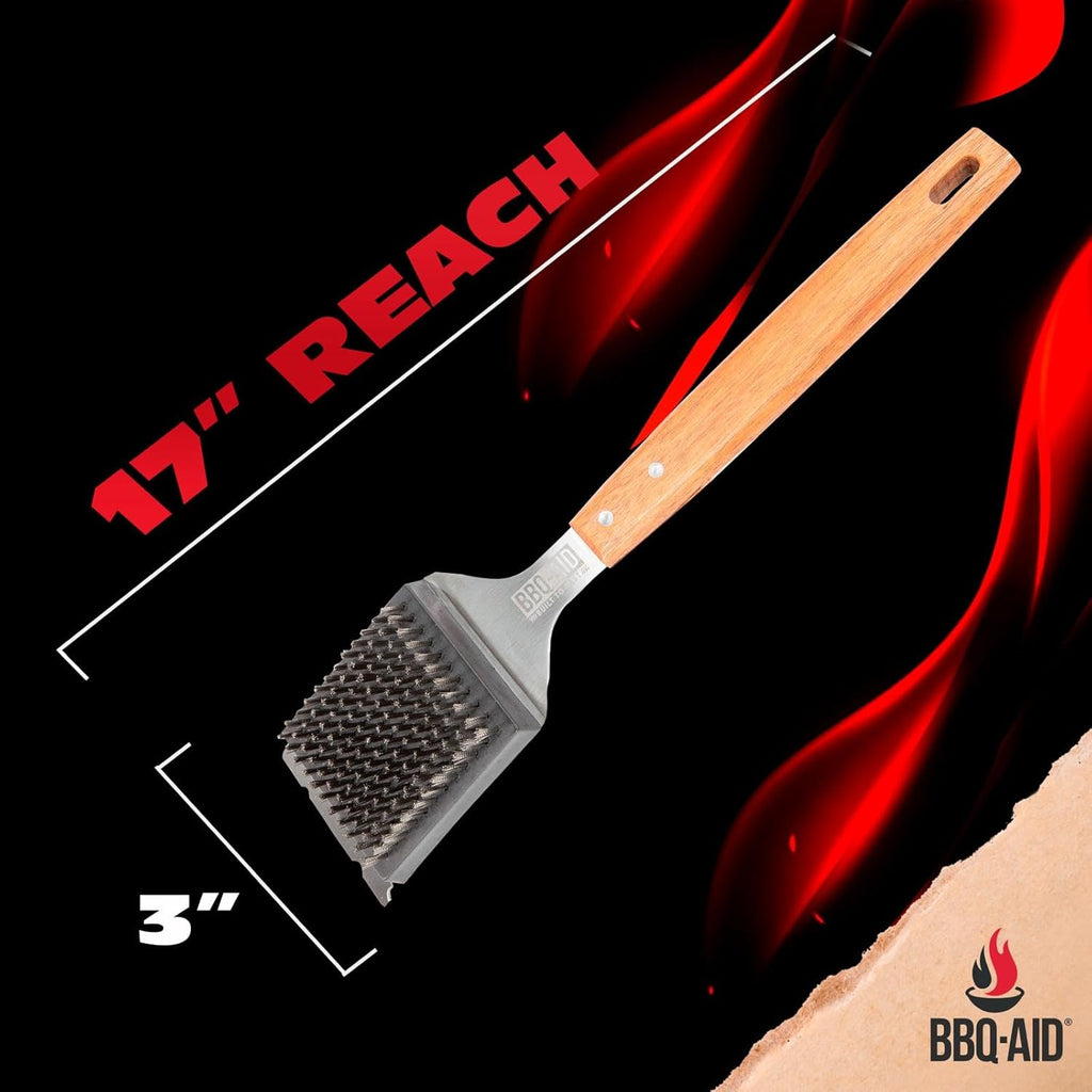 BBQ-Aid Grill Brush - Heavy-Duty Barbecue Scraper with Extended Wooden Handle & Replaceable Stainless Steel Bristles