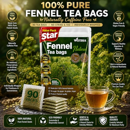 WOTIHA Organic Fennel Tea Bags 90 Count - Natural Herbal Digestive Support, Caffeine-Free & Vegan