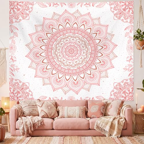 Pink Boho Mandala Wall Tapestry - 60" x 51" Bohemian Floral Decor