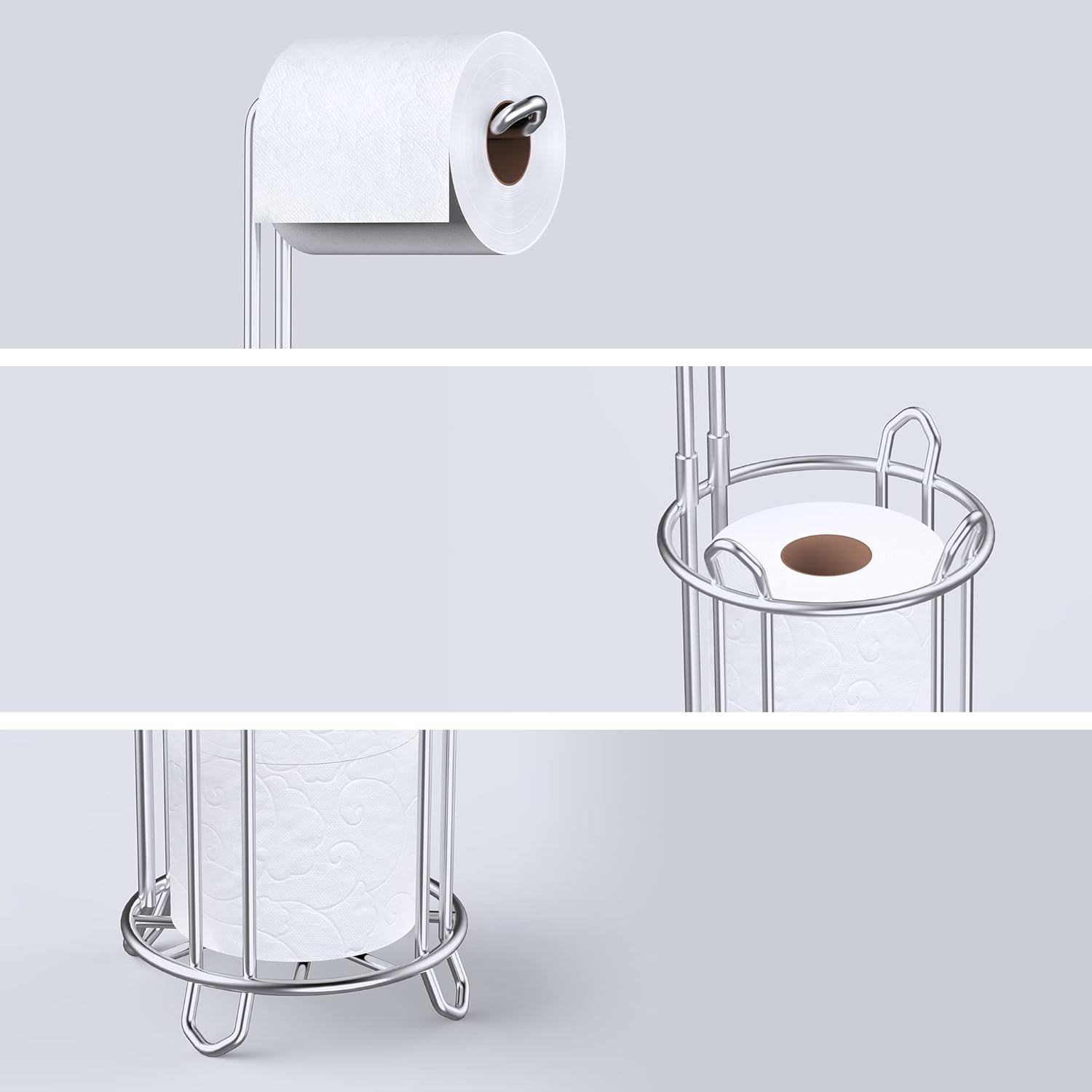 Meangood Toilet Paper Holder Stand - Free Standing Tissue Roll Dispenser for 4 Mega Rolls | Metal Wire Silver