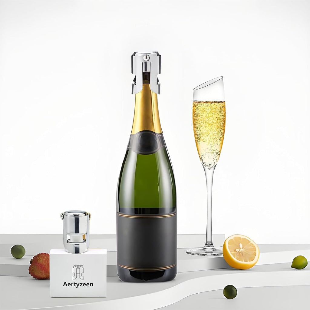 2 Pcs Champagne Stoppers - Premium Stainless Steel Reusable Champagne Bottle Stoppers with Locking Clamp - German Design Keep Bubbles Fresh for Prosecco, Cava, Sparkling Vine Stopper