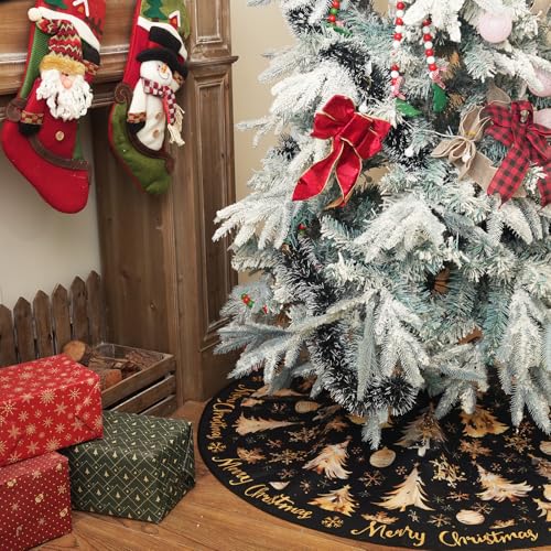 Christmas Tree Skirt 36 Inch Gold & Black Holiday Decor - Merry Christmas