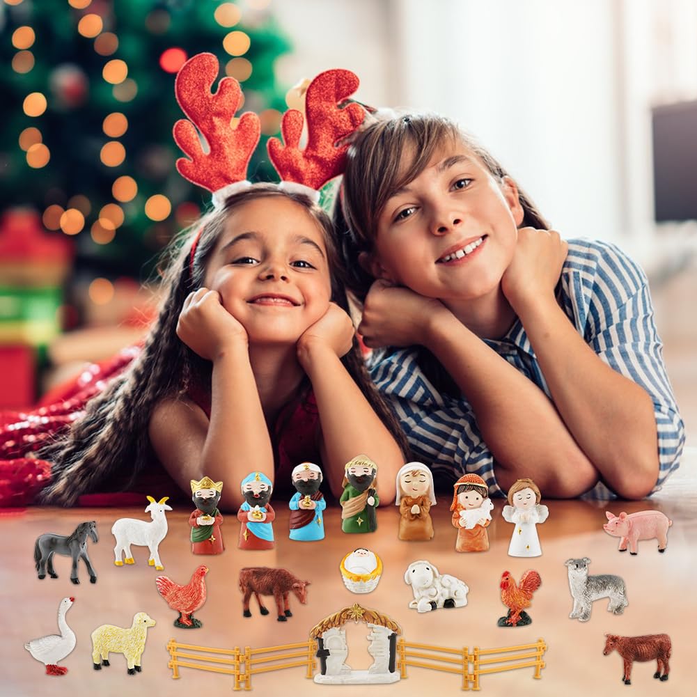 Nativity Scene Advent Calendar, 24 Days Countdown Set with Miniature Figures & Animals, Religious Holiday Decor