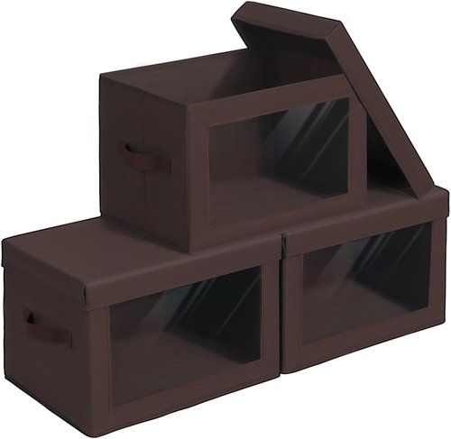 Homsorout Foldable Storage Boxes - Clear Window Fabric Organizers for Clothes | Brown, 3 Pack