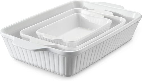 DOWAN Casserole Dishes Set - Ceramic Bakeware for Oven | 3-Piece Deep Lasagna Pan Set in Soft White (15.6''/12.2''/8.9'')