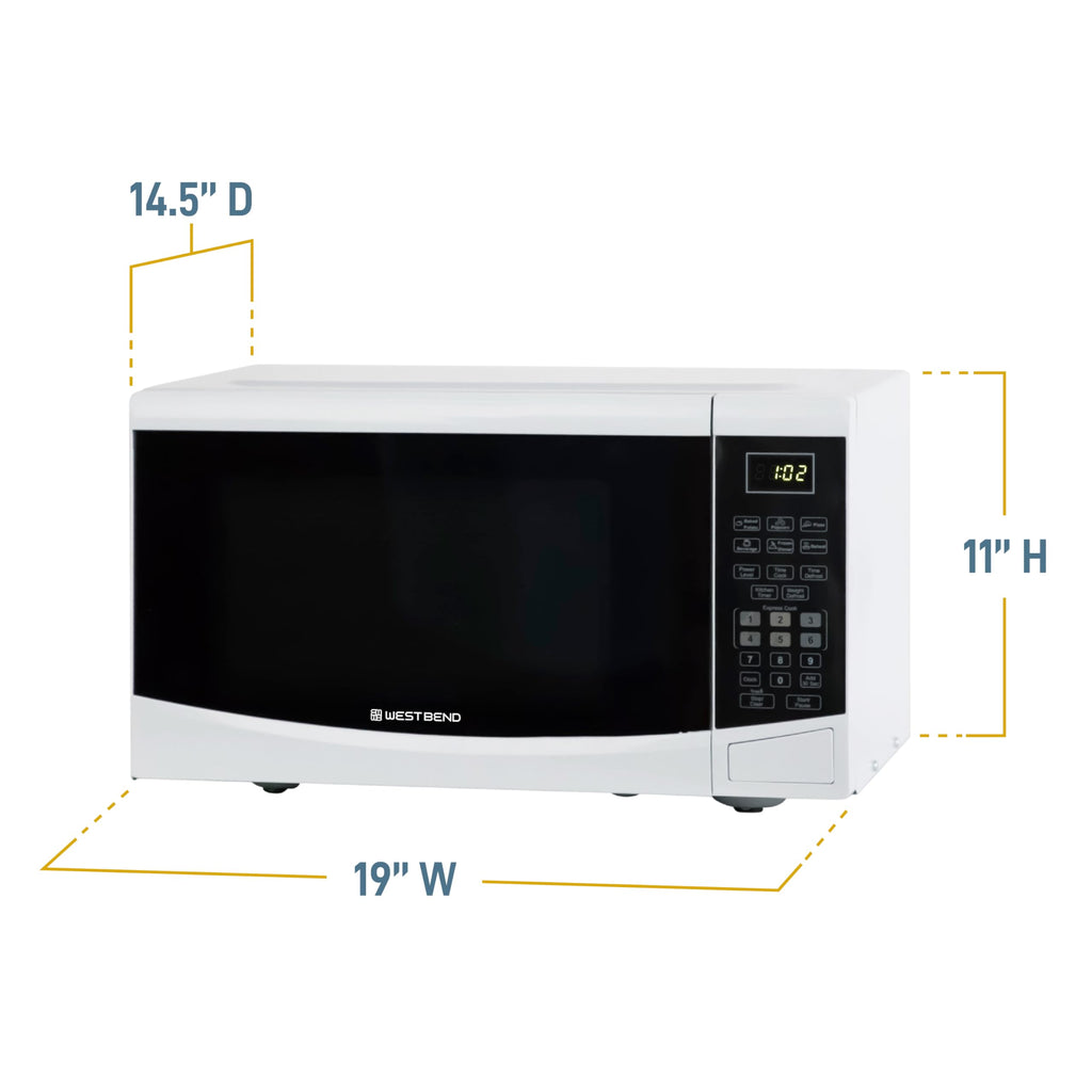 West Bend Microwave Oven 900-Watts Compact with 6 Pre-Set Cooking Settings, Speed Defrost, Electronic Control Panel and Glass Turntable, 0.9 Cu.Ft., White