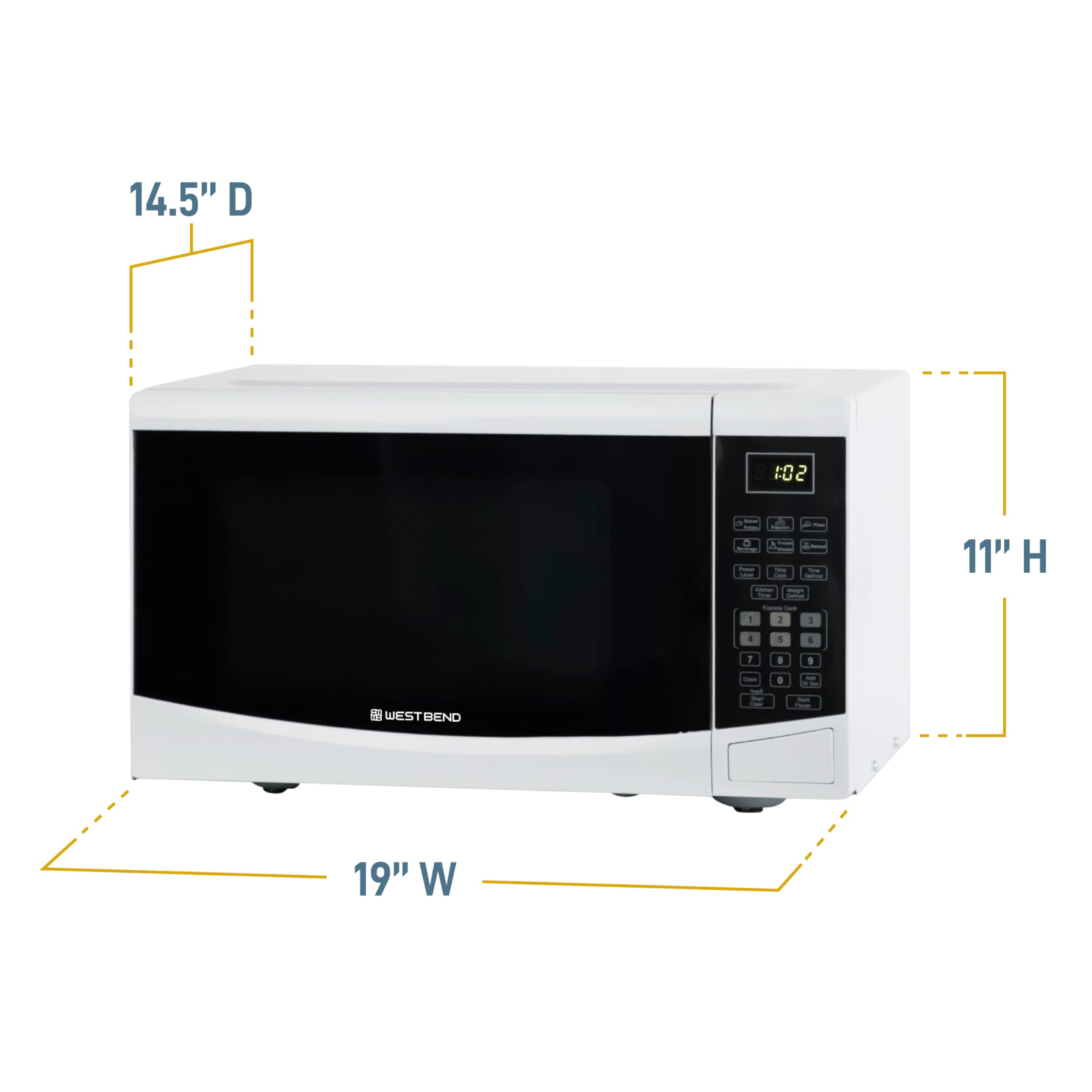 West Bend Microwave Oven 900-Watts Compact with 6 Pre-Set Cooking Settings, Speed Defrost, Electronic Control Panel and Glass Turntable, 0.9 Cu.Ft., White