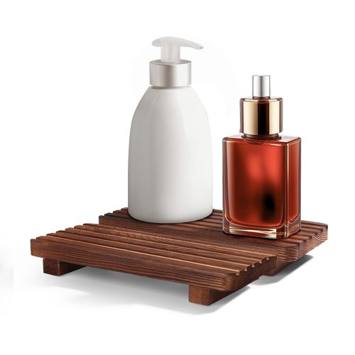 SAMEBUTECO Bathroom Tray,Rustic Wood Soap Tray 2 Packs,Riser Farmhouse Soap Dish Holder,Footed Wood Pedestal Stand for Vanity,Dispenser,Countertop,Size 8.7x4x1.7''