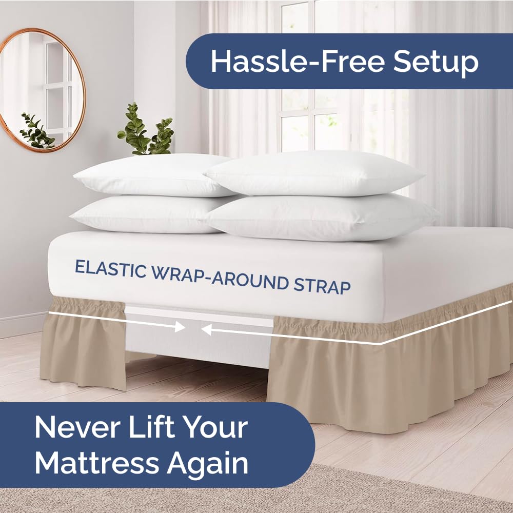 Wrap Around Dust Ruffle Bed Skirt - Cream - for Queen Size Beds w/ 14 Inch Drop - Easy Fit Elastic Strap - Adjustable Pleated Bedskirt w/Brushed Fabric, Wrinkle & Fade Free Women, Men, Kids & Teens