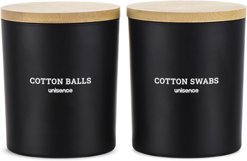 Skiennix Glass Qtip Holder Set - 2 Pack Bathroom Organizer with Lid for Cotton Swabs & Makeup | Black