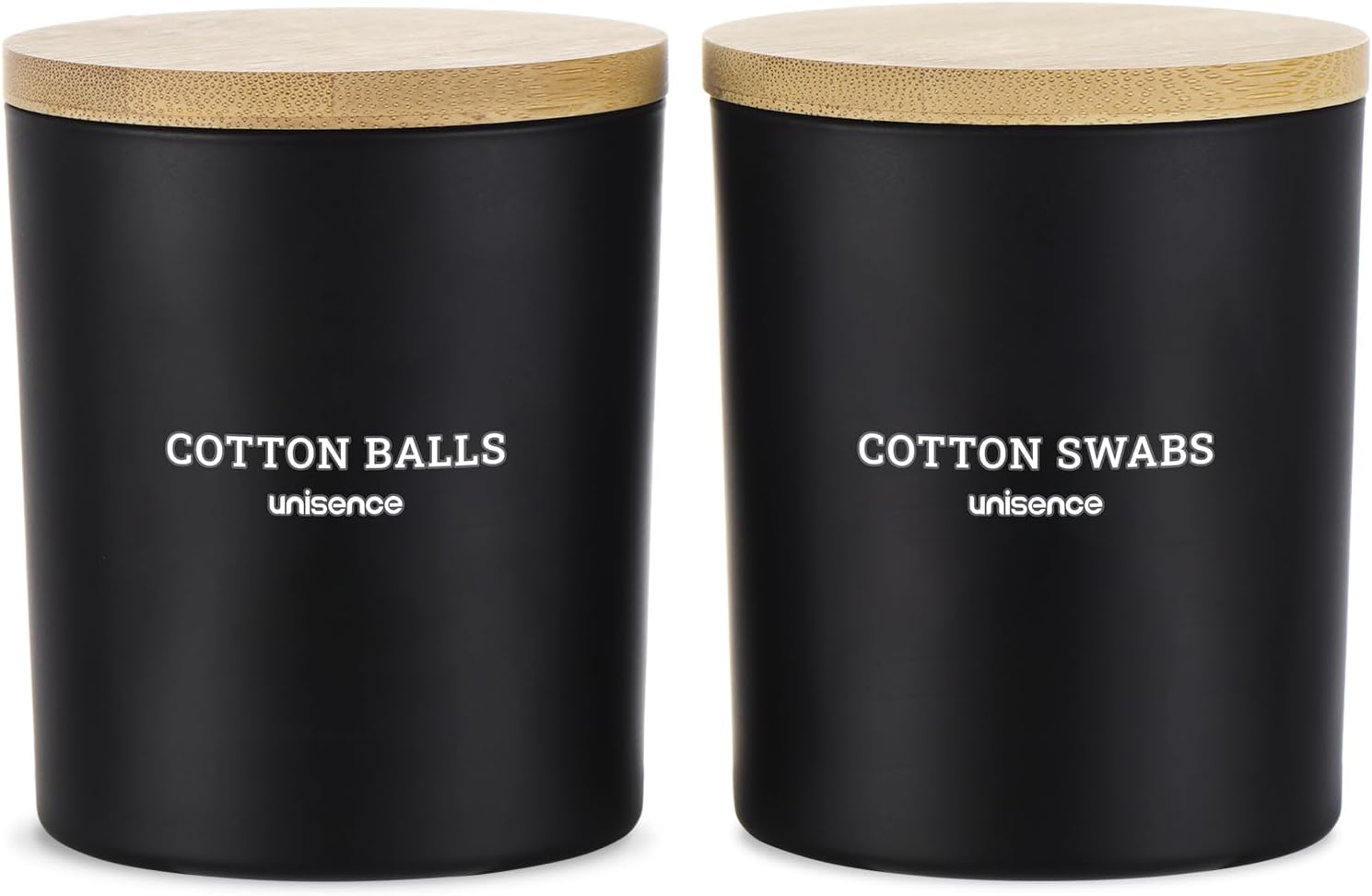 Skiennix Glass Qtip Holder Set - 2 Pack Bathroom Organizer with Lid for Cotton Swabs & Makeup | Black