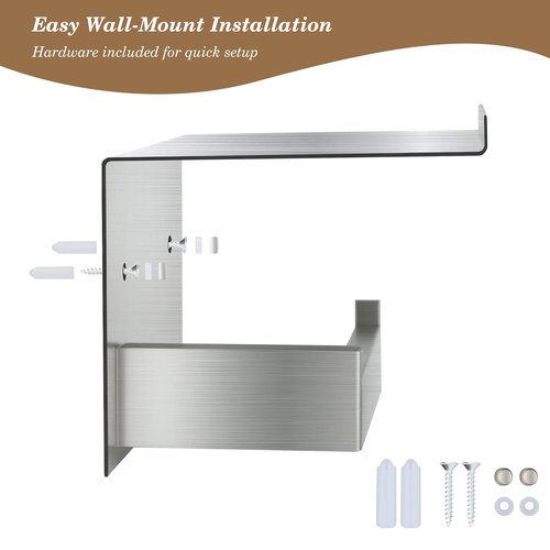Aneder Wall Mounted Toilet Paper Holder with Shelf, Brushed Nickel Bathroom Tissue Roll Holder Storage Organizer for Phone, Book, Plant, Extra Roll, Easy Mount Hardware Included