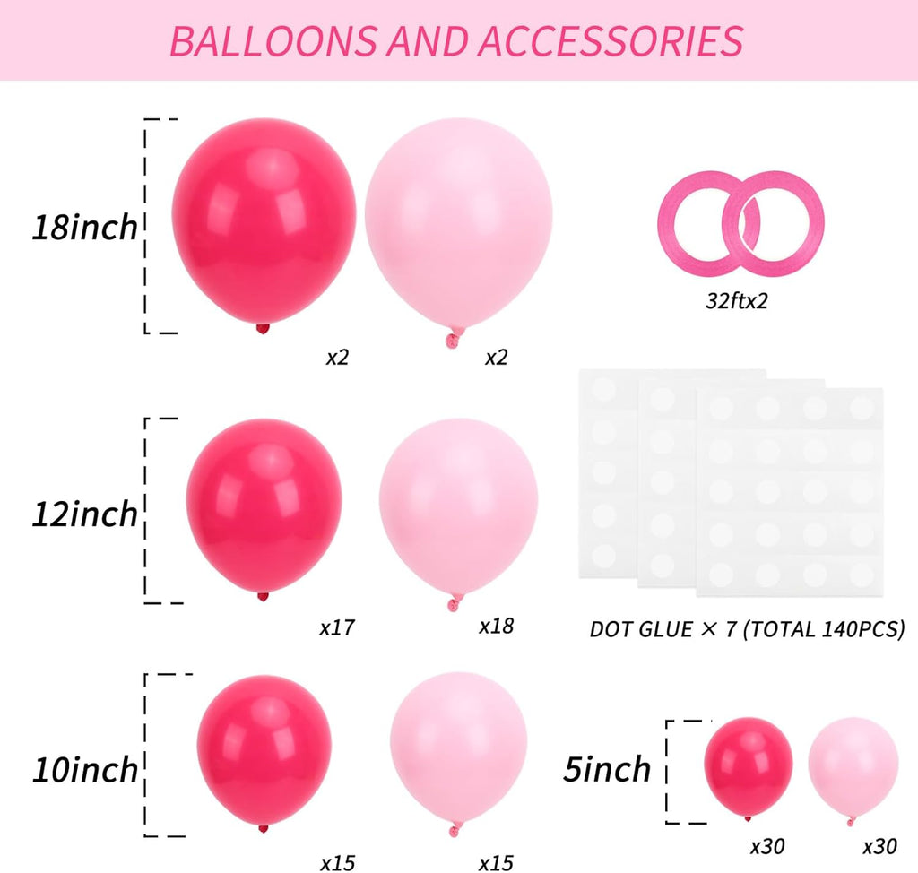 RUBFAC Balloon Garland Kit - 129pcs Latex Balloons in Baby Pink & Hot Pink | 5-18 Inch Sizes for Parties