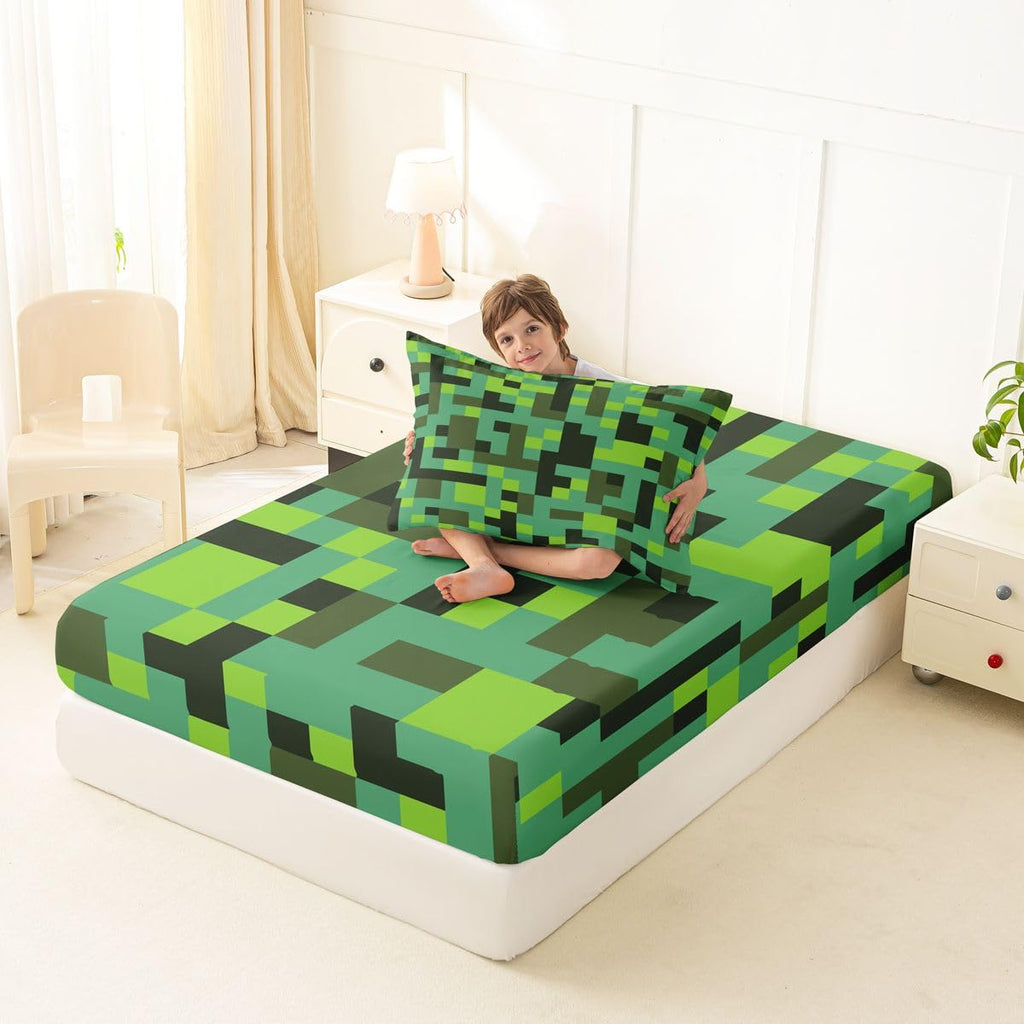 Pixel Grid Miners Kids Twin Size Fitted Sheet,Geometric Grid Patchwork Pixelated Boys Girls Bed Sheets,Cartoon Gamepad Video Games Room Decor,Cyan Green Bedding Set,1 Pillowcase(No Flat)