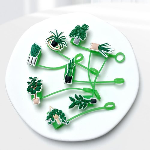 8PCS Green Plants Straw Covers Cap, Silicone 10mm Straw Tips Cover for Stanley 30&40 Oz Tumbler with Handle, Reusable Dust-Proof Drinking Straw Toppers