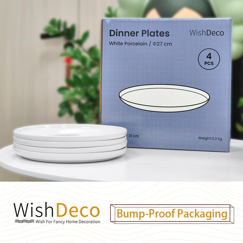 WishDeco White Dinner Plates Set of 4 - 10.5-Inch Ceramic Dining Plates | Microwave & Dishwasher Safe
