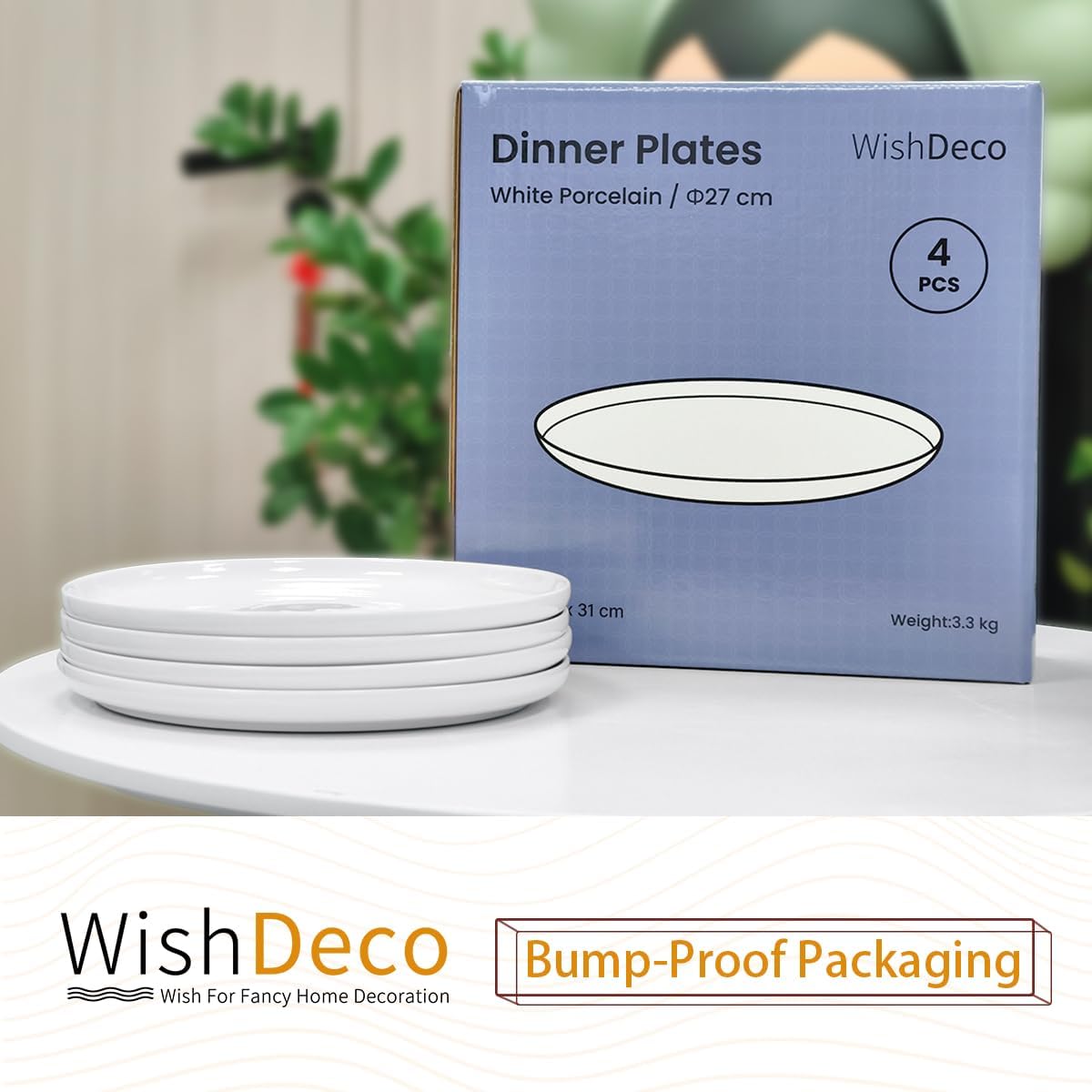 WishDeco White Dinner Plates Set of 4 - 10.5-Inch Ceramic Dining Plates | Microwave & Dishwasher Safe