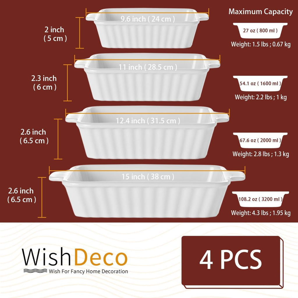 WishDeco Ceramic Casserole Dishes Set of 4 - Deep Rectangular Bakeware with Handles, White Porcelain (15''/12.4''/11''/9.6'')