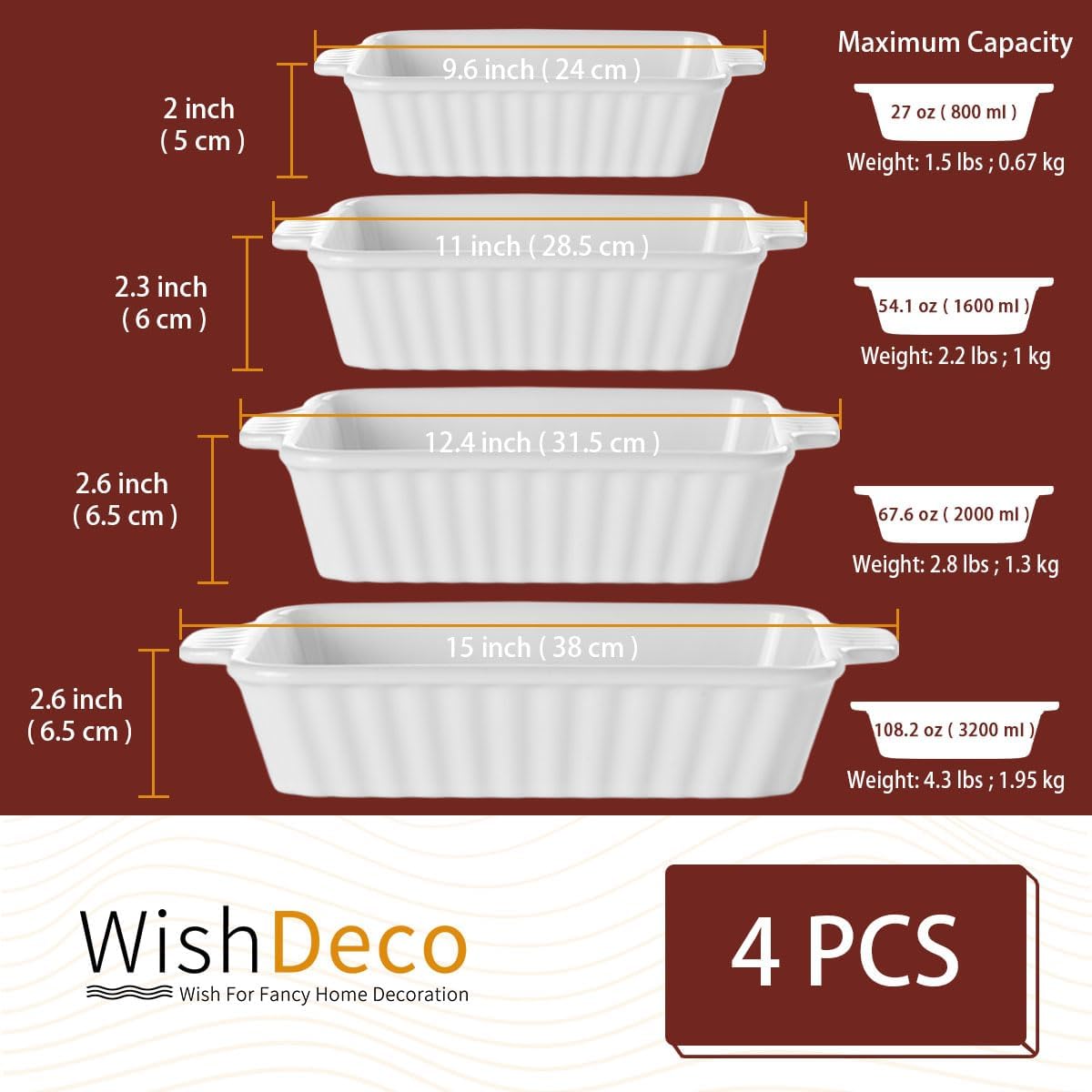 WishDeco Ceramic Casserole Dishes Set of 4 - Deep Rectangular Bakeware with Handles, White Porcelain (15''/12.4''/11''/9.6'')