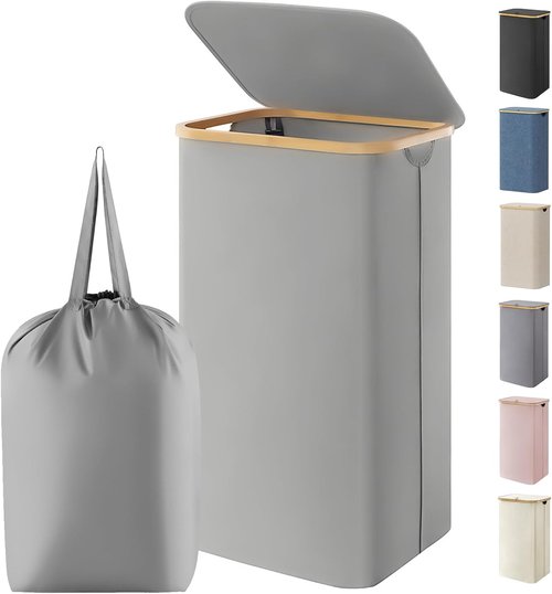 Lifewit 100L Laundry Basket - Foldable Clothes Hamper with Lid & Bamboo Handles | Silver Grey