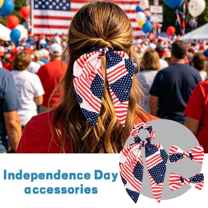 American Flag Hair Accessories Set 4th of July Bow Scrunchie Clips