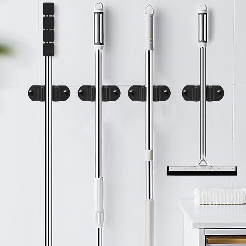 HYRIXDIRECT Heavy-Duty Stainless Steel Mop and Broom Holder - Wall-Mounted Organizer for Home & Garage (Black)