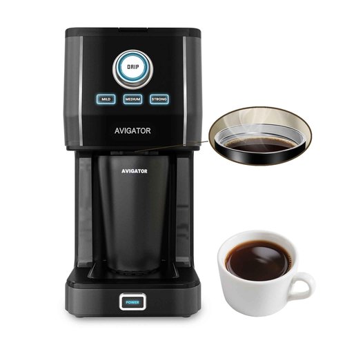 avigator Single Serve Coffee Maker with 11oz. Travel Coffee Mug Stainless Steel, Brew Strenth Adjustable, Permanent Filter, Black