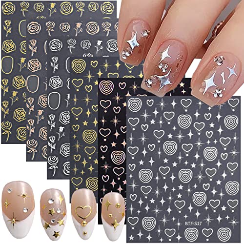 YKZFUI 6 Sheets Gold Nail Art Stickers 3D Self-Adhesive Metallic Rose Flower Star Heart Decals for Manicure