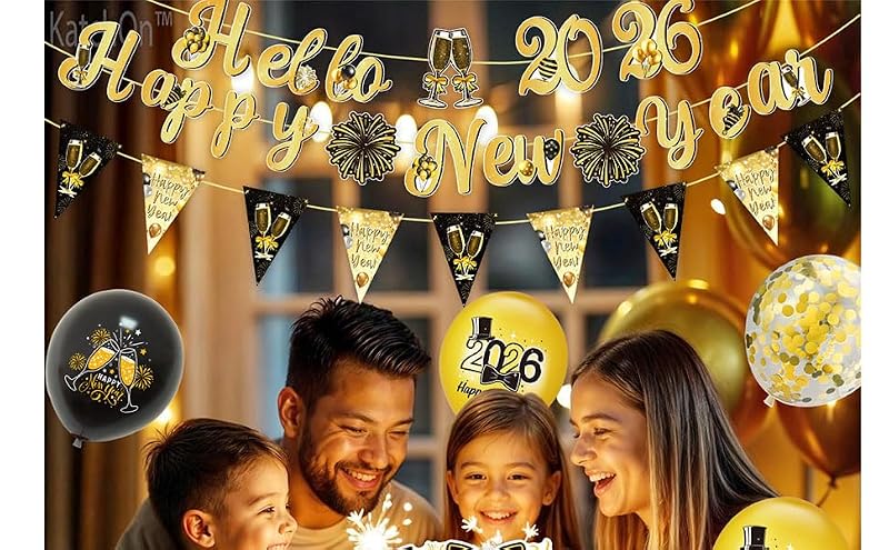 2026 Happy New Year Banner Glitter Gold and Black NYE Party Decorations