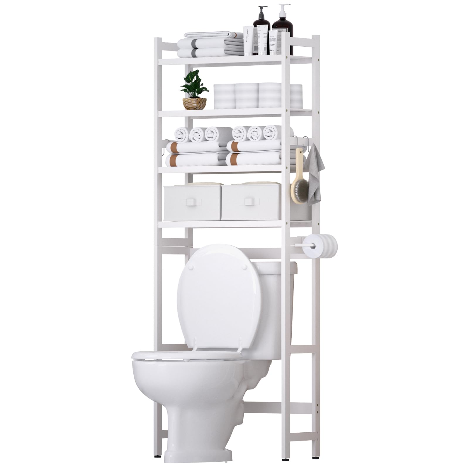 Cozivolife Over The Toilet Storage: 4-Tier Bamboo Organizer Rack with 2 Baskets & Paper Holder & 4 Hooks & Waterproof Feet Pad, Adjustable Freestanding Shelf for Bathroom (White)