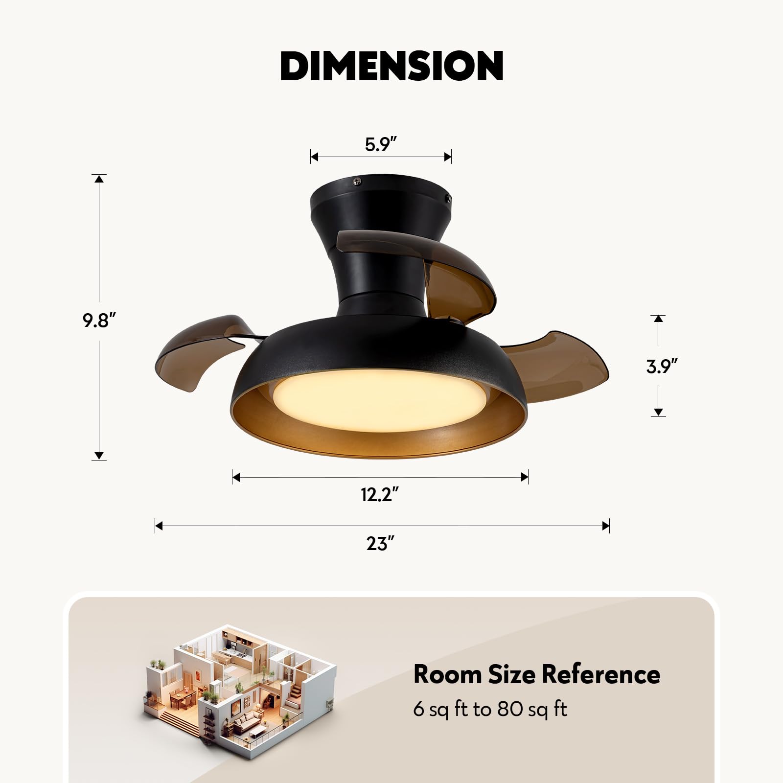APBEAMLighting 23 Inch Black and Gold Ceiling Fan with Light and Brown Retractable Blades Small Led Light Fixture Ceiling Modern Fandelier Fan Lights Cei ling Fixtures for Bedroom Dining Room Kitchen