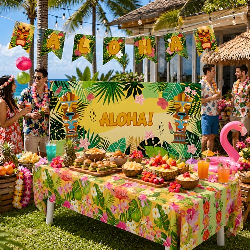 Aloha Luau Party Decorations Set - Yellow Hawaiian Theme Backdrop & Tablecloth
