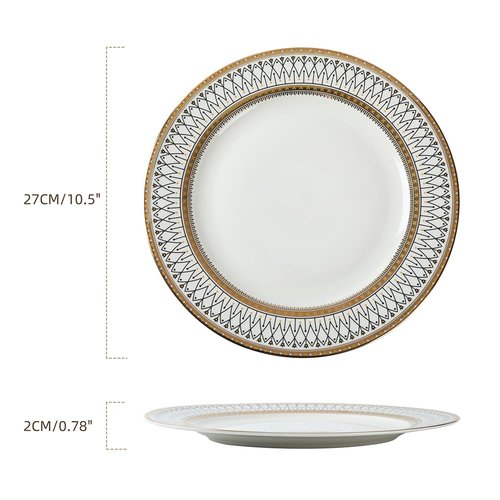 YEWUDHOM Porcelain Plates,Ceramic Dinner Plates Set of 4,Plate Set for 4 Dinning Kitchen,Golden Thread Pattern Steak Salad Plate Set for Home Restaurant Utensils,10.5" Large,White and Gold